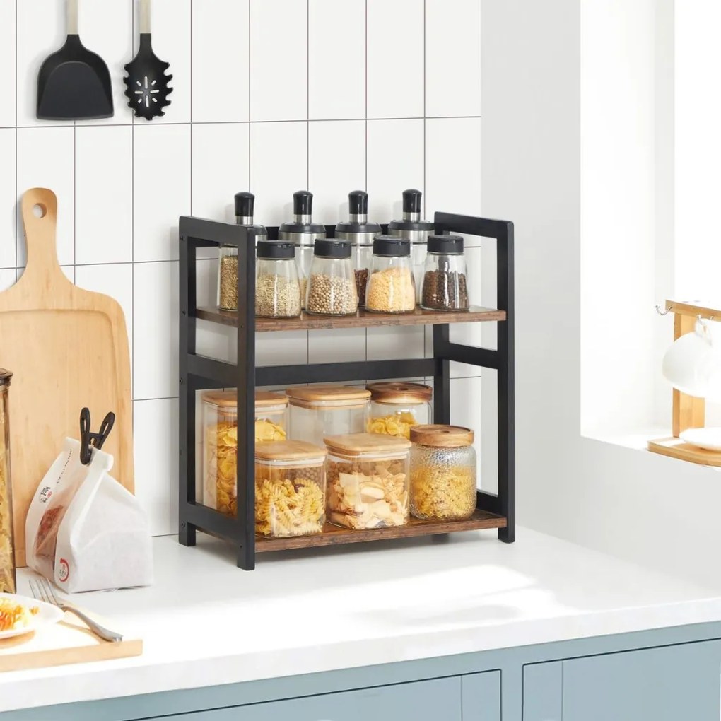 Fekete 2 szintes fűszertartó polc bambusz kerettel 42 × 18 × 43 cm