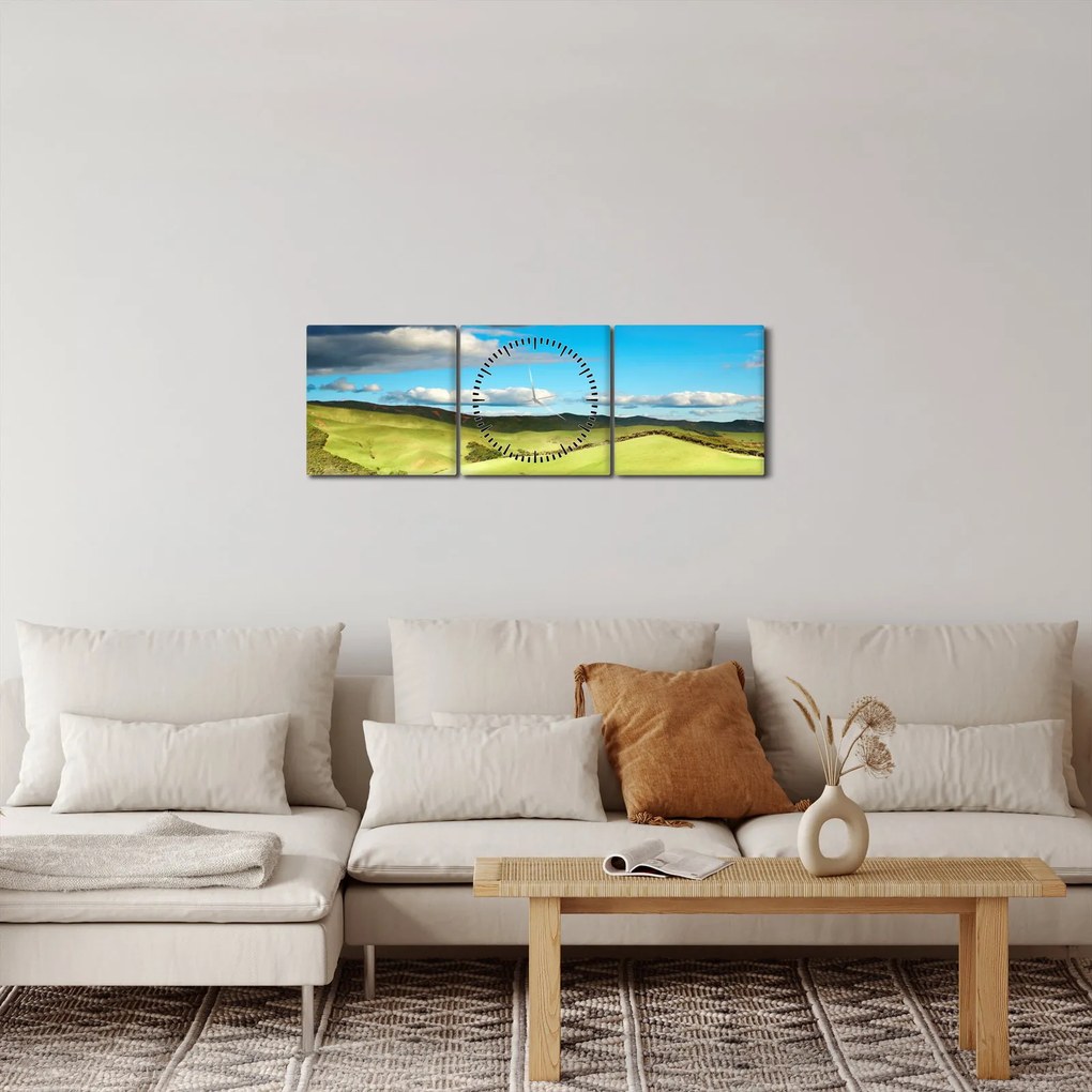 Kép - Zöld táj dombokkal (órával) (90x30 cm)