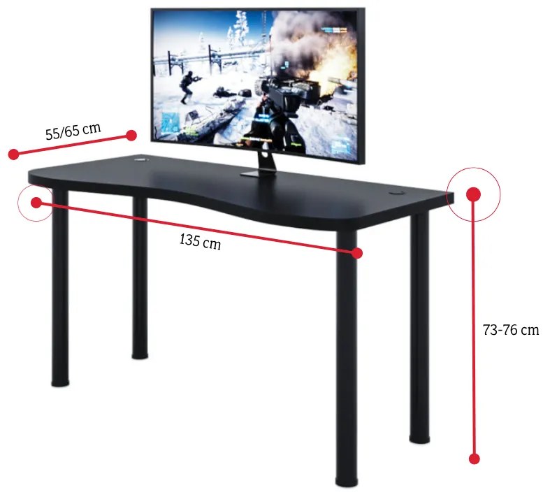 CODE Y1 Számítógépasztal, 135x73-76x65, fekete/fekete lábak + USB HUB