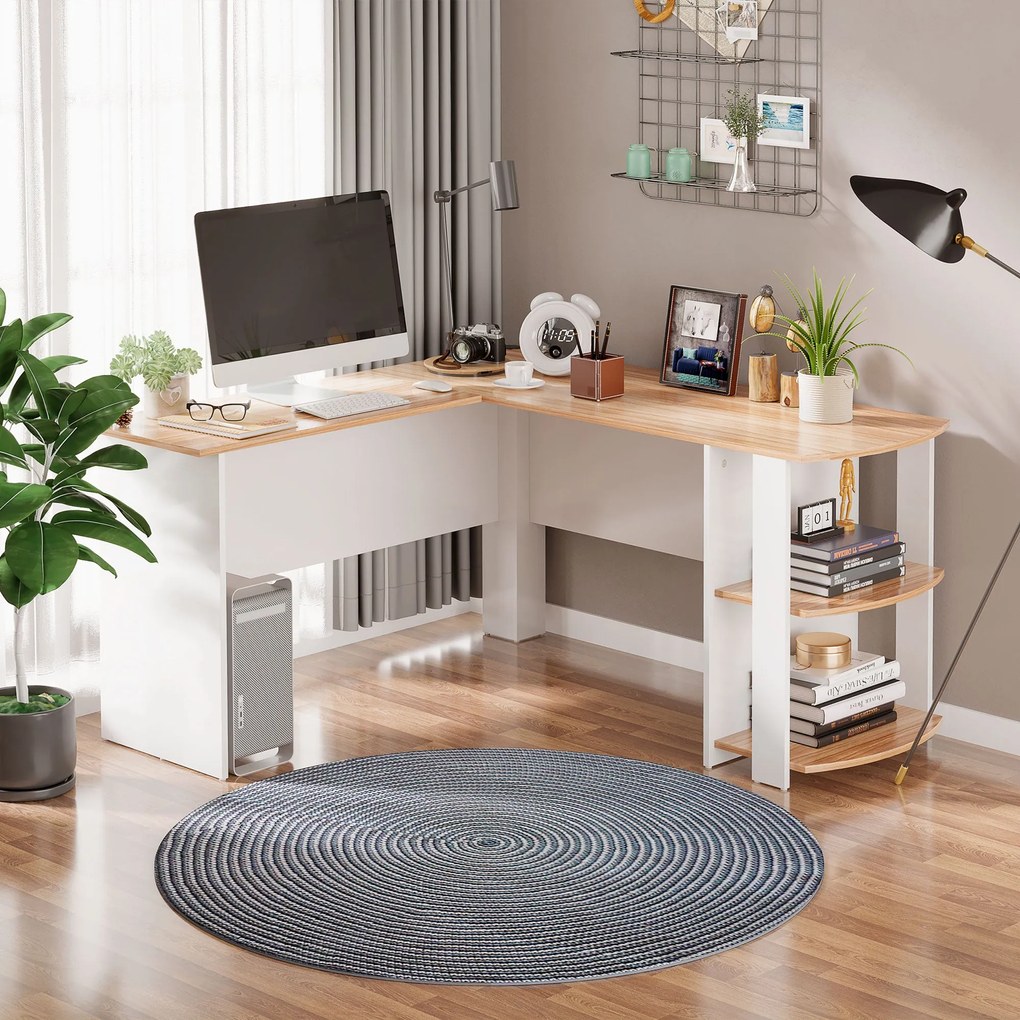 HOMCOM L-alakú PC Számítógép Íróasztal Polcokkal 136x130x72 cm Fa | Aosom