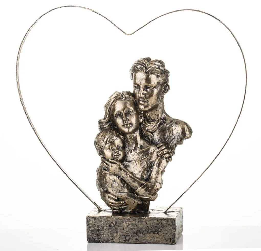 Aranyszín kisgyermekes család dekorfigura szív keretben 29x28x6cm