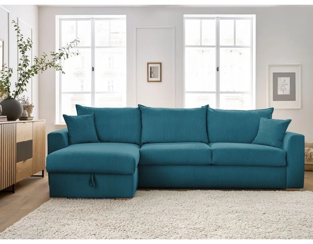 Kék kordbársony kinyitható sarokkanapé (variálható) Augustin – Bobochic Paris