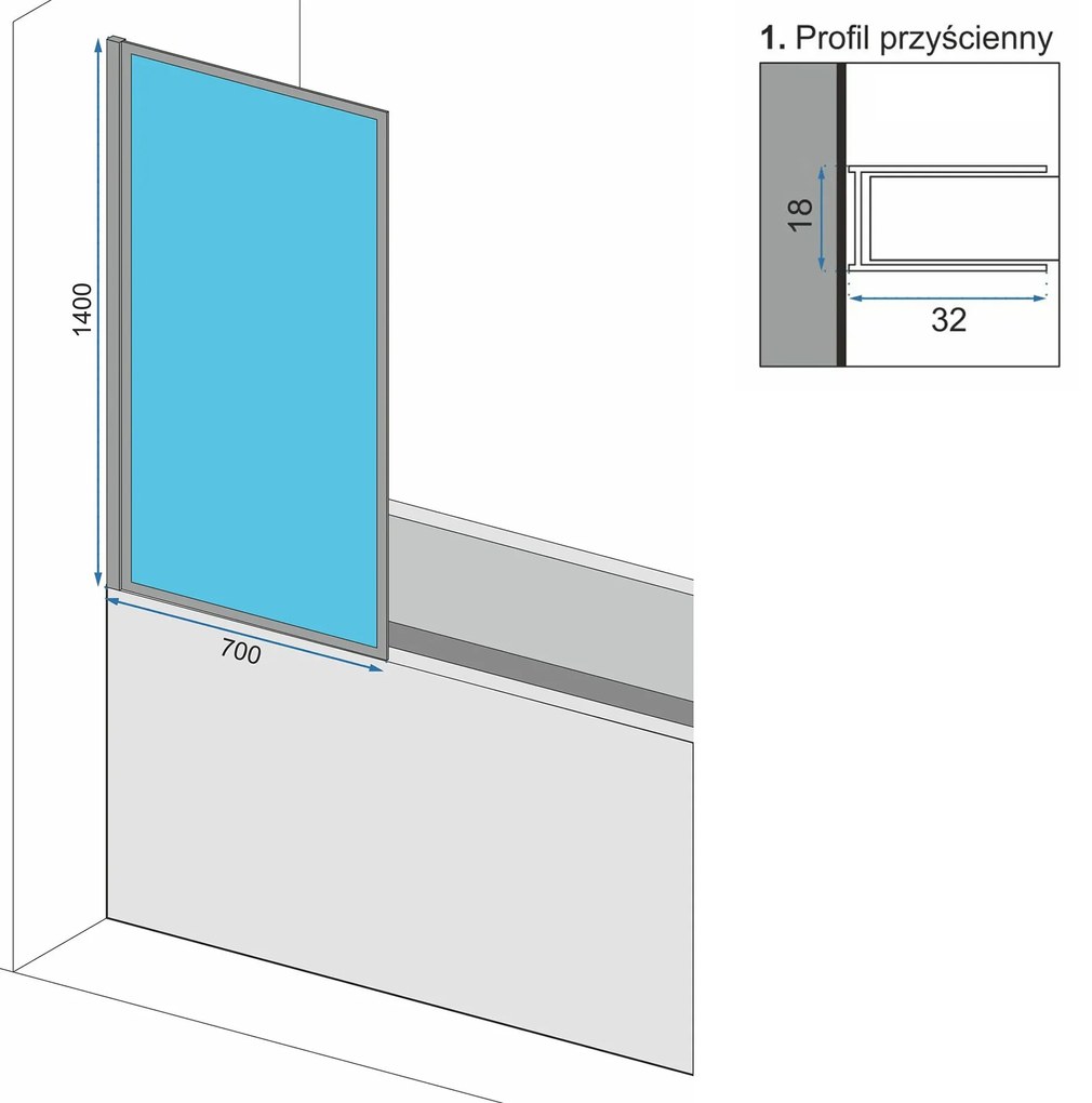 Rea LAGOS FIX - kádparaván, 1 lapos, 70 x 140 cm, fekete-átlátszó, REA-K7689