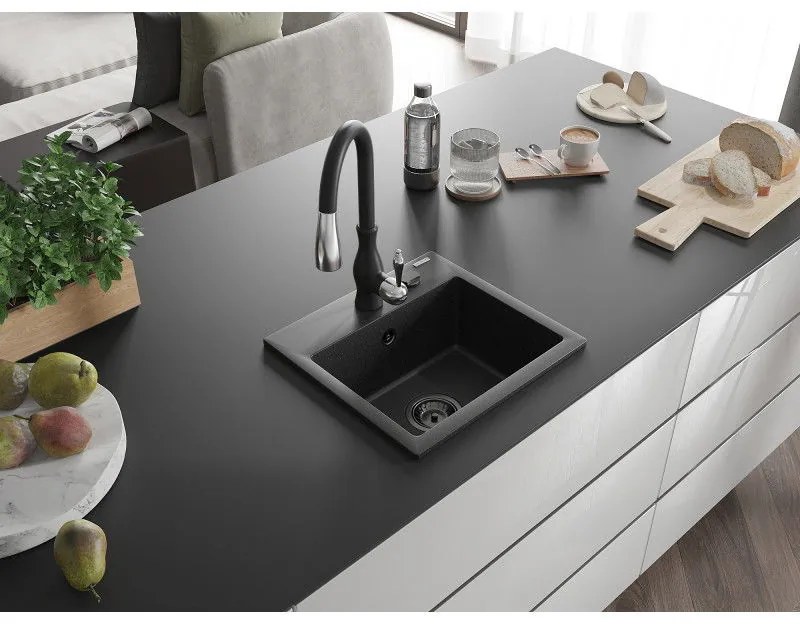 Mexen Milo, 1 kamrás gránit mosogató 435x410x171 mm és Savita mosogató csaptelep, fekete-ezüst metál, 6505-73-672601-70-B