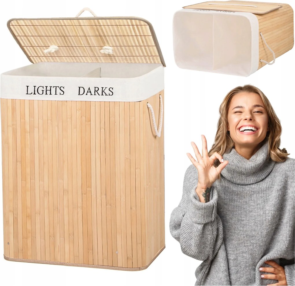 Bambusz Szennyestartó Kosár Fedővel Kétrekeszes Nagy 100L