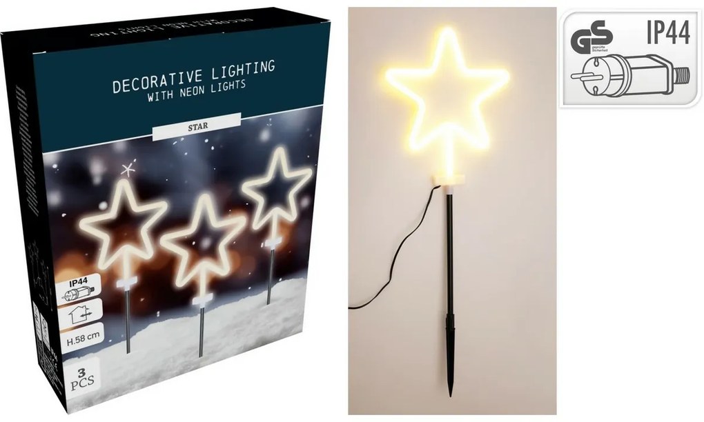 Karácsonyi LED kültéri világítás Neon csillag, 3db, magasság 58 cm
