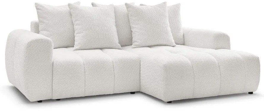 Fehér buklé kinyitható-tárolóhelyes sarokkanapé (jobb oldali-heverő résszel) Roxelane – Bobochic Paris