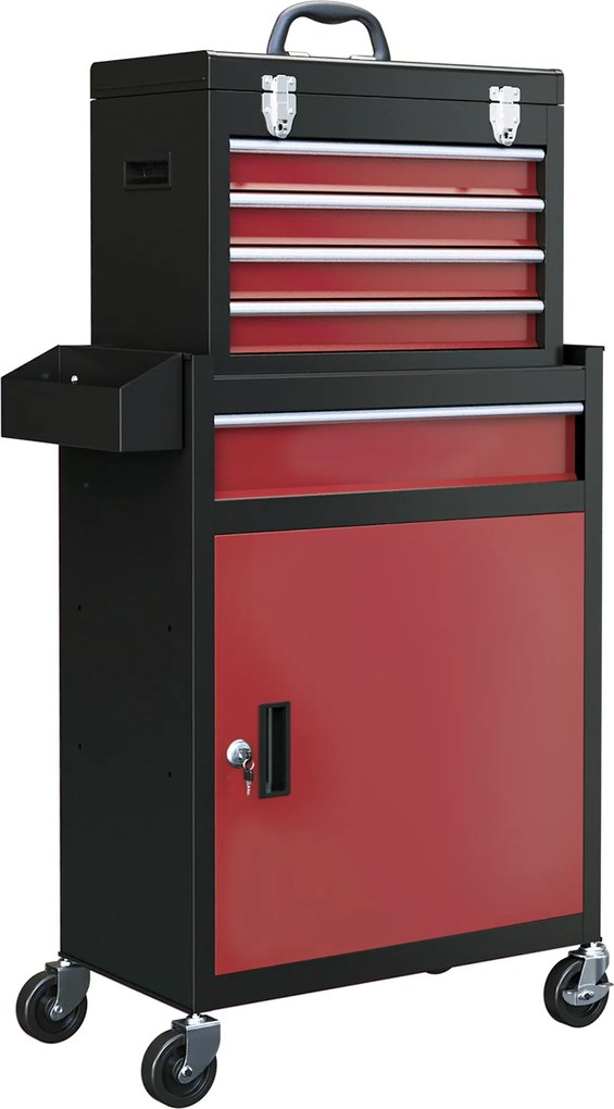 HOMCOM Kerekes Műhelytrolly 5 Fiókkal, Zárható Összeszerelő Kocsi, Golylabdás Fiókcsúszkákkal, Mobil Görgős Kocsi, Max. Teherbírás 130 kg, Acél, Feket