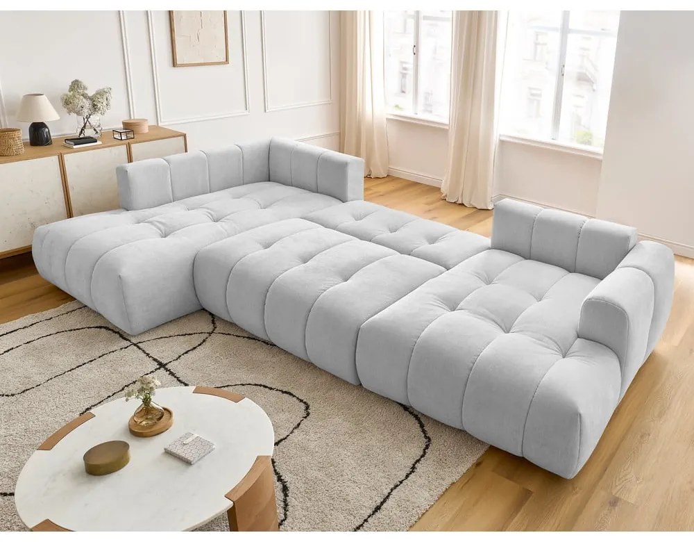 Világosszürke kinyitható-tárolóhelyes sarokkanapé (bal oldali-U alakú) Fuji – Bobochic Paris