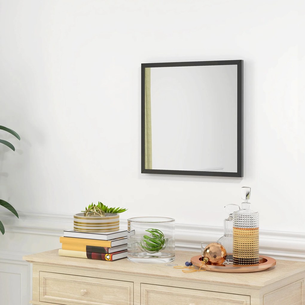 HOMCOM Négyzet alakú Fali Tükör 50 x 50 cm, fekete fa kerettel, ideális fürdőszobába, nappaliba vagy hálószobába | Aosom