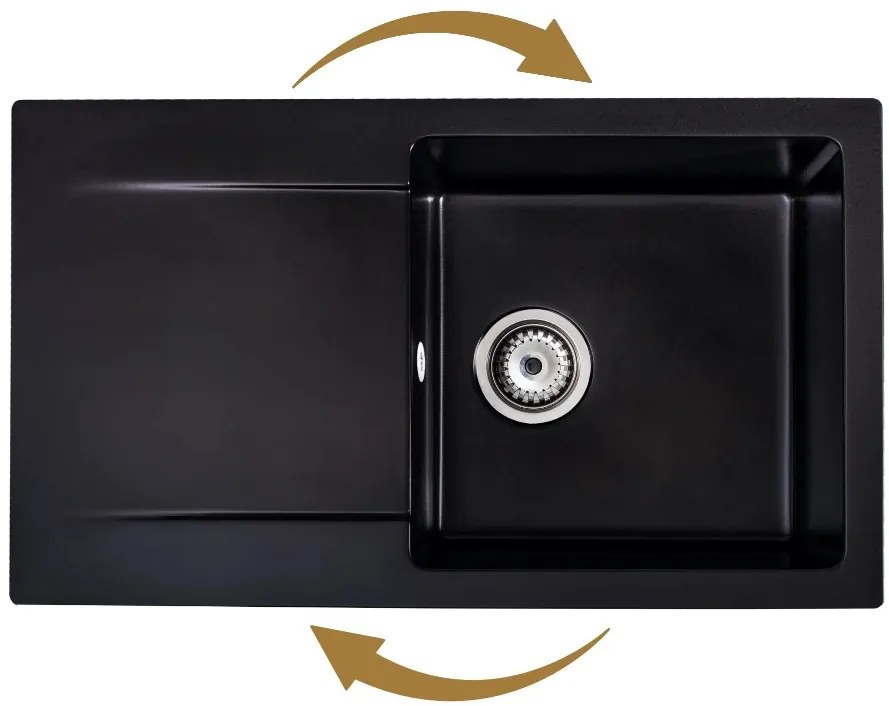 Mosogató Quality Ferrum, konyhai gránit mosogató 770x450x190 mm + arany szifon, fekete, SKQ-FER.C.1KDO.XG