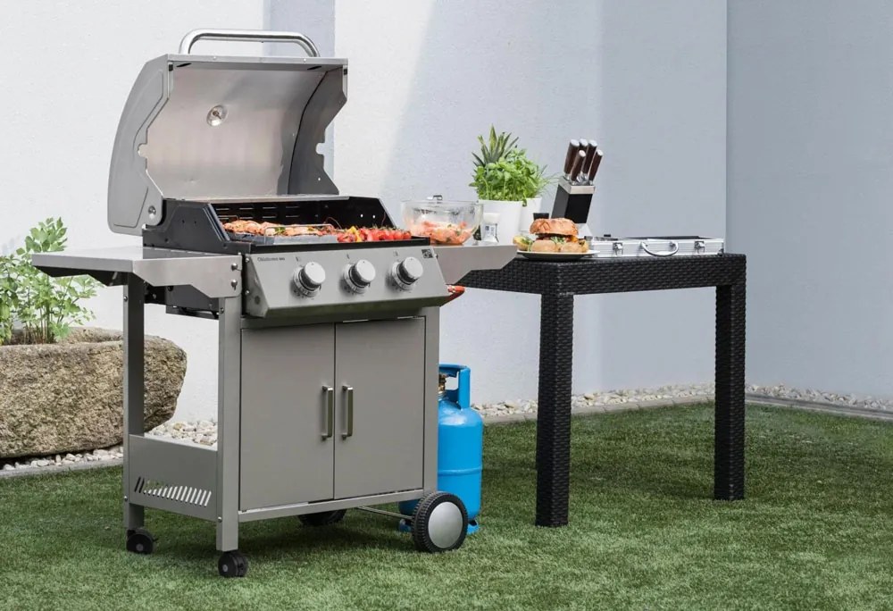 OKLAHOMA BBQ gázgrill, 3 égővel, nyomáscsökkentő szeleppel, ezüst Penta CZ
