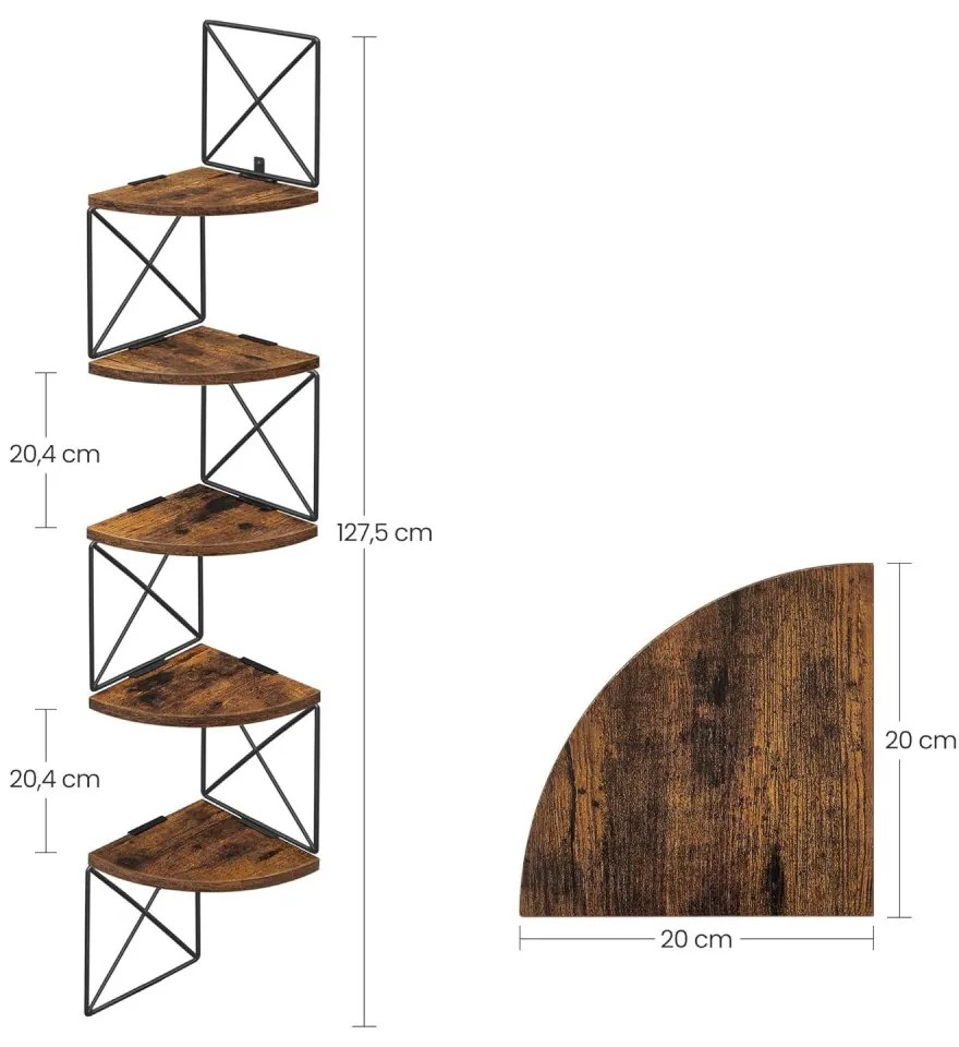 Sarokpolc, falra szerelhető, 5 szintes, rusztikus barna és fekete
