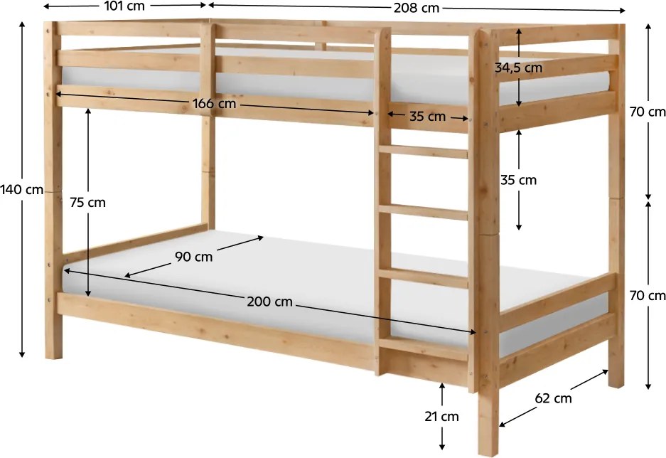 Emeletes ágy, 90x200, tömör fa, natúr, INEZA