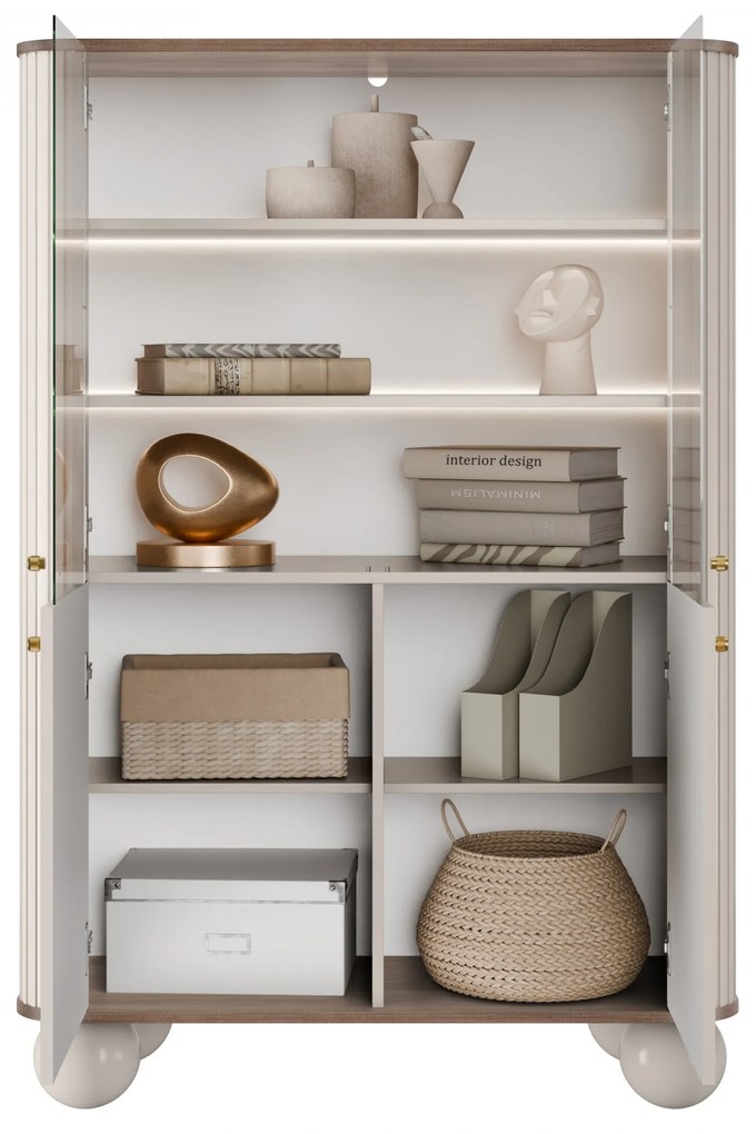 Vesper négyajtós vitrines szekrény 103 cm - kasmír / dió / arany fogantyúk / gömb lábak