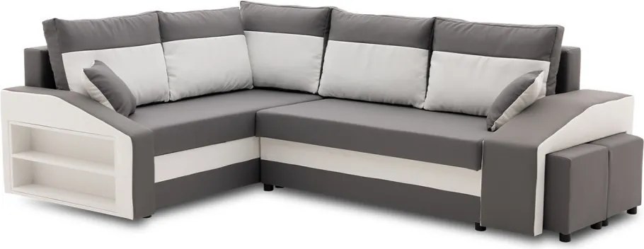 Grande sarokkanapé polcokkal és puffokkal , polc a bal karfaban puffok a jobb karfaban, baloldali, szövet anyag, hab töltet, szürke - fehér
