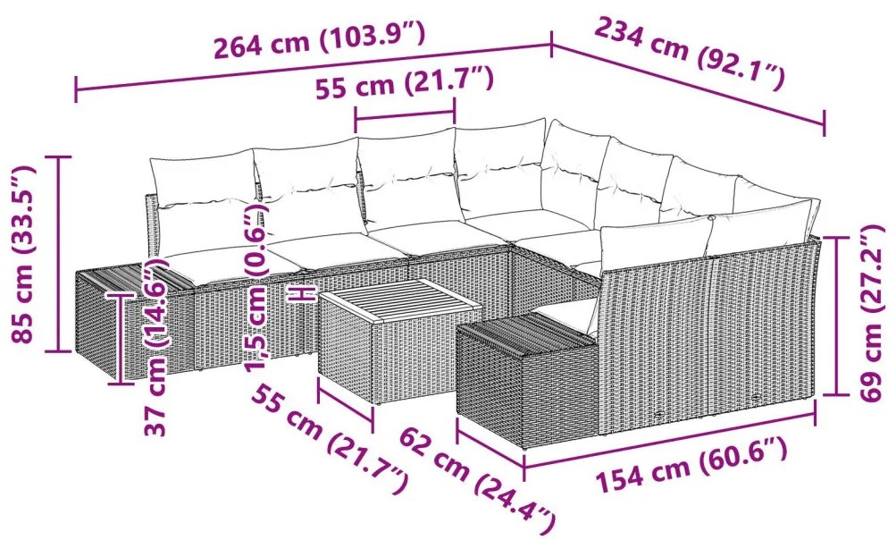 9 darabos kerti kanapé szett párnákkal, bézs poli rattan, akác
