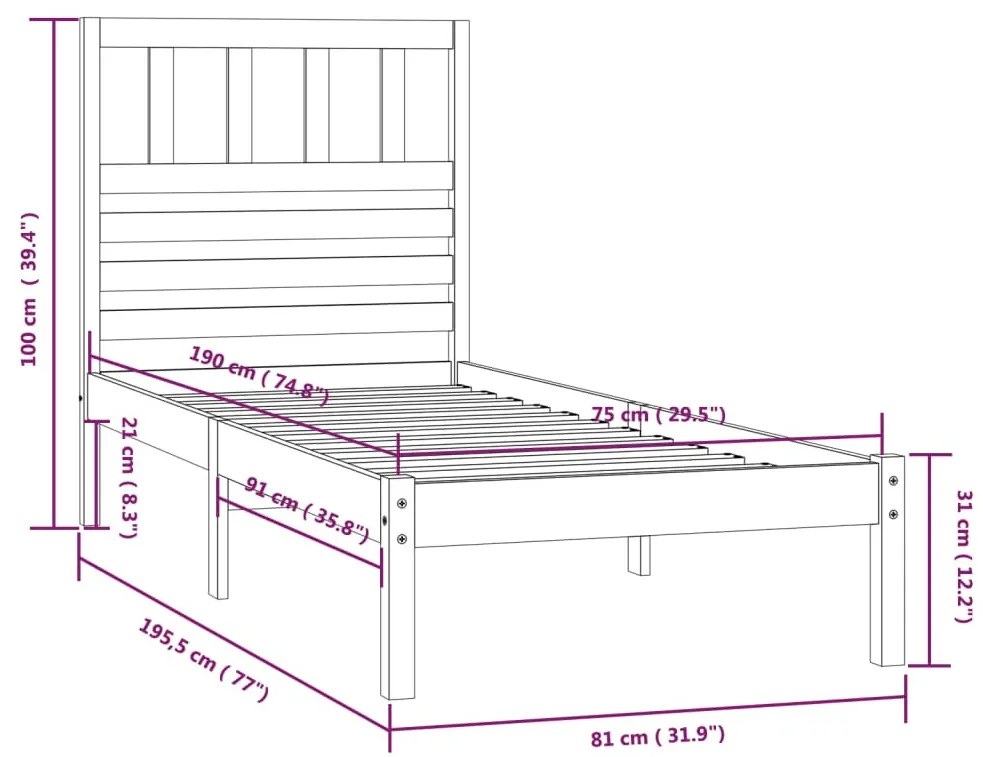 tömör fenyőfa ágykeret 75 x 190 cm Small Single