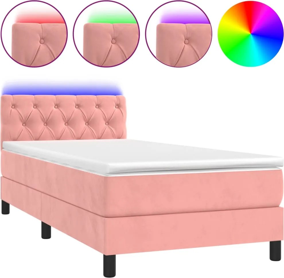 vidaXL rózsaszín bársony rugós és LED-es ágy matraccal 80 x 200 cm