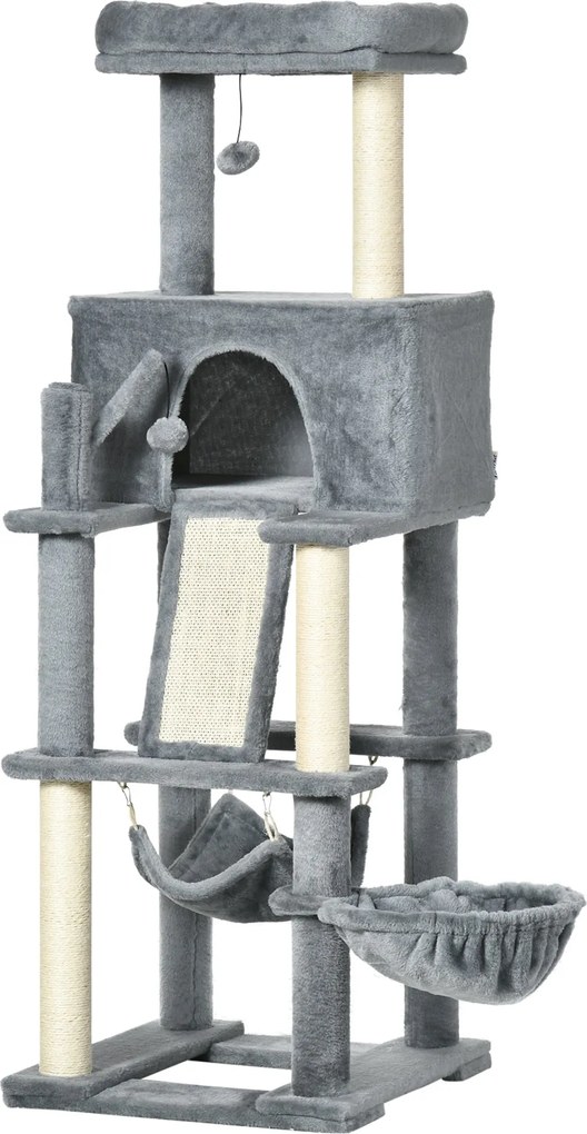 PawHut Macska Kaparófa Felnőtt Macskák és Kiscicák Számára Zsineg Posztokkal, Házzal, Pihenőfelülettel és Plüss Hintákkal, 48x48x140cm, Szürke | Aosom