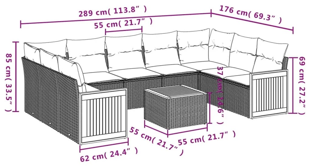 10 részes fekete polyrattan kerti ülőgarnitúra párnákkal