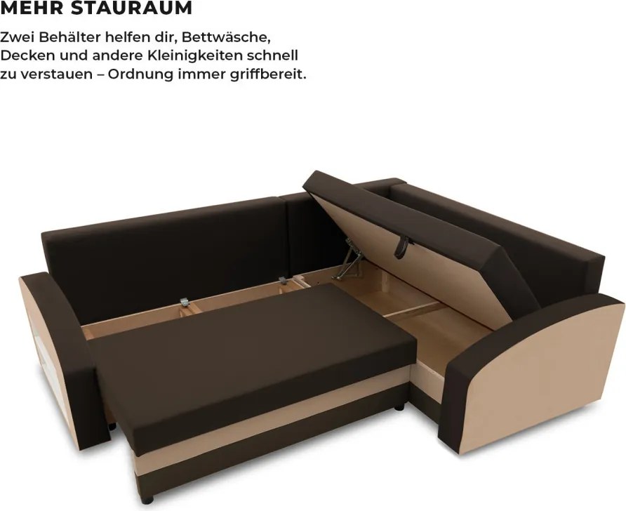 Grande sarokkanapé polcokkal , polc a bal karfaban, jobboldali, szövet anyag, hab töltet, barna