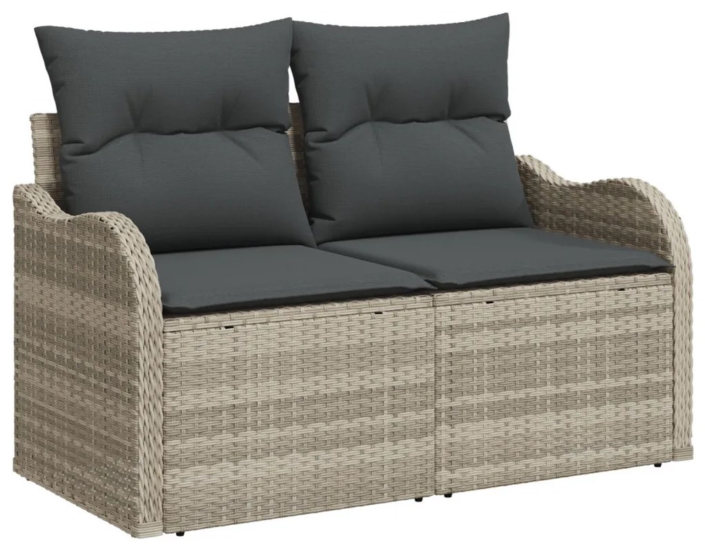 7 részes kerti kanapé szett párnákkal szürke Poly Rattan, 2 fős kerti kanapé tárolóval és párnákkal világosszürke Poly Rattan