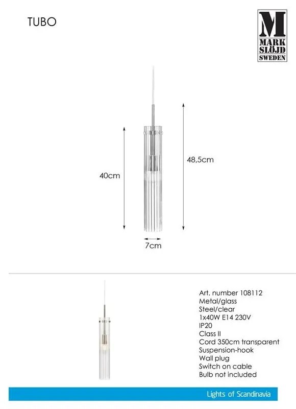 Ezüstszínű függőlámpa üveg búrával Tubo – Markslöjd