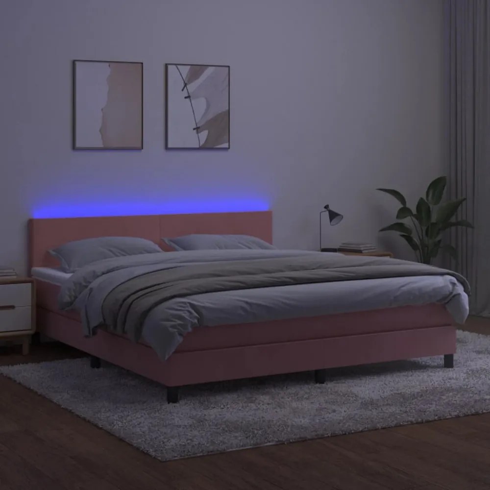rózsaszín bársony rugós és LED-es ágy matraccal 160x200 cm