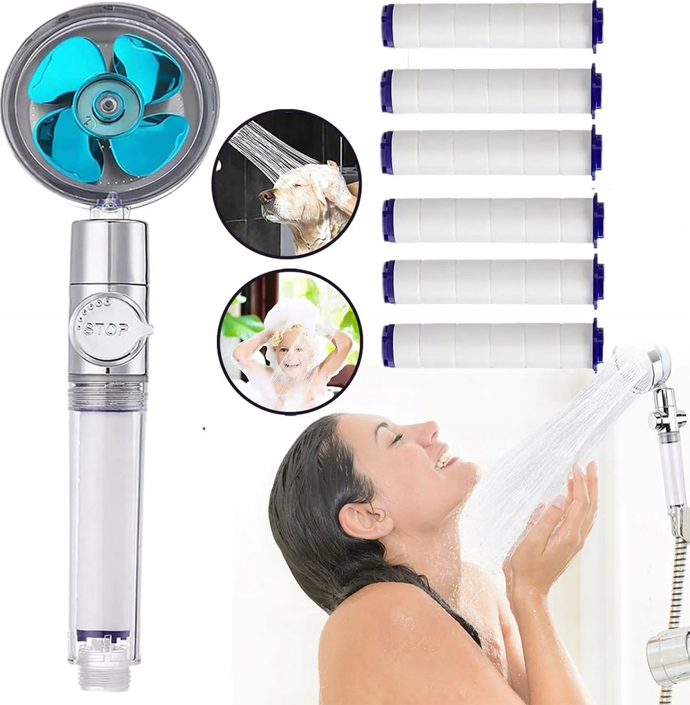 Takarékos Turbó Zuhanyfej Zuhany Turbinával Ventilátorral 6X Szűrő