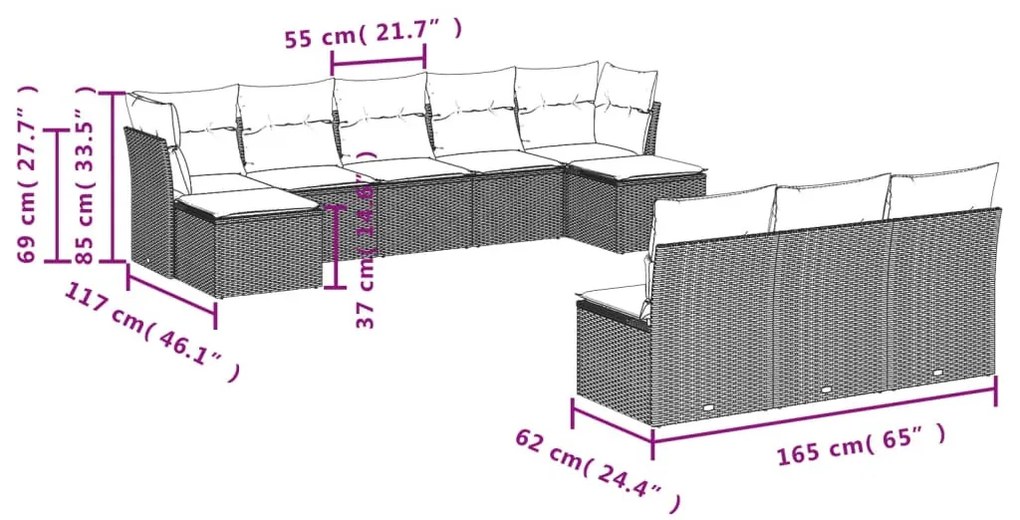 10 részes fekete polyrattan kerti ülőgarnitúra párnákkal