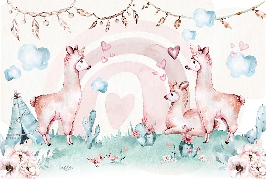 Vidám lámák a réten szivárvánnyal 368x248