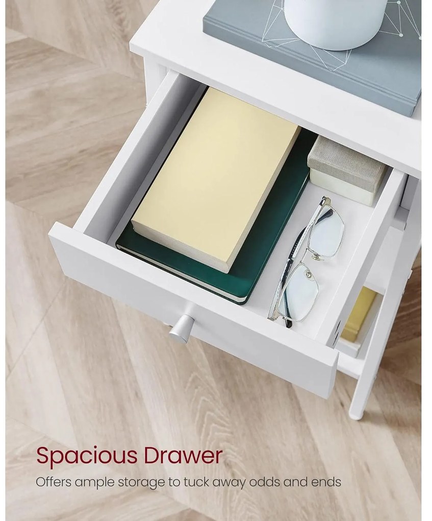 Lerakó asztal, éjjeli szekrény, fiókos, két polccal, 35 x 35 x 70 cm, fehér