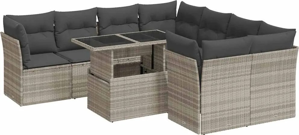 vidaXL 9 részes világosszürke polyrattan kerti ülőgarnitúra párnával