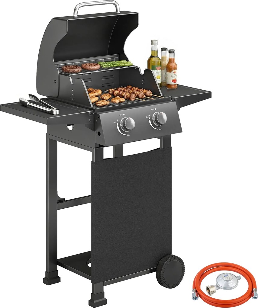 Outsunny 5,4 kW 2-égős propán gázgrill kocsi – acél BBQ, összecsukható oldalasztalokkal, fedélhőmérővel, krómozott sütőrácsokkal, melegentartó rácssal