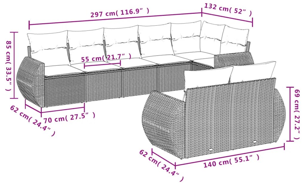 8 részes szürke polyrattan kerti ülőgarnitúra párnákkal