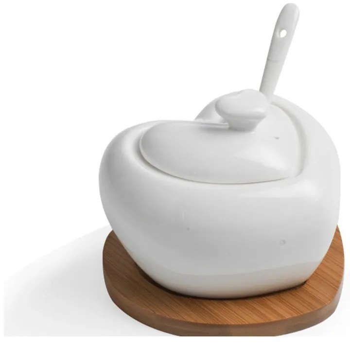 Heart porcelán cukortartó kiskanállal, bambusz alátéttel - Brandini