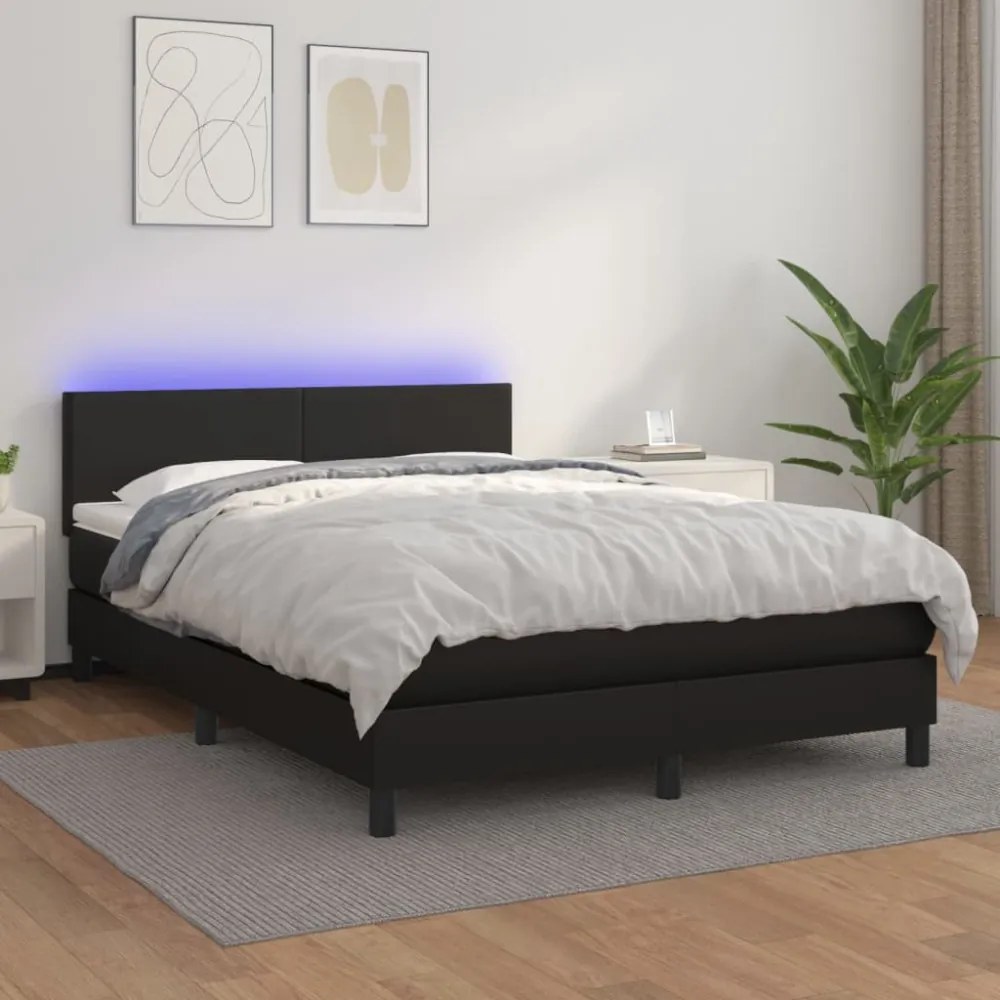 fekete műbőr rugós ágy matraccal és LED-del 140x200 cm