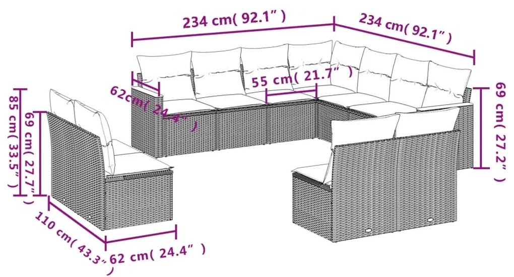 11 részes bézs polyrattan kerti ülőgarnitúra párnákkal