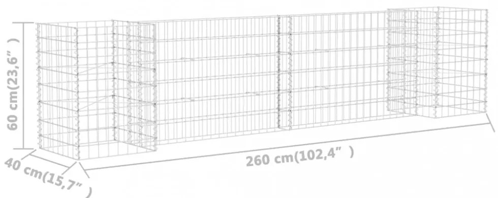 H alakú acéldrót virágtartó gabion 260 x 40 x 60 cm