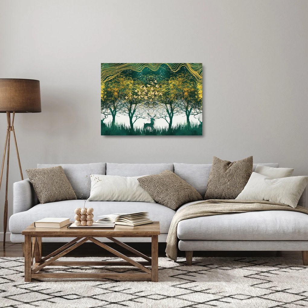 Kép - Szarvas a zöld erdőben (üvegen) (70x50 cm)