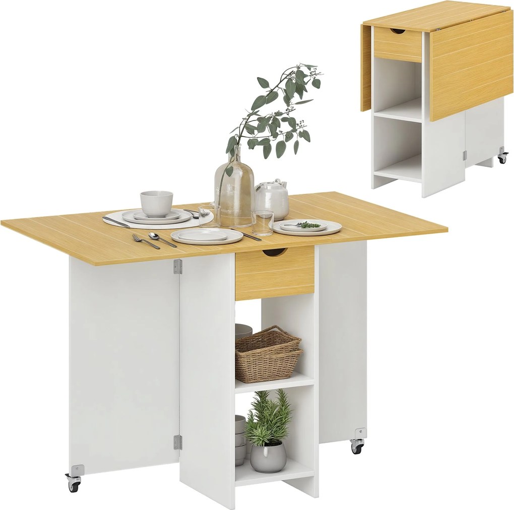 HOMCOM Összecsukható Étkezőtábla, Kihajtható Asztal 2-4 Főnek, Modern Helytakarékos Konyhai Asztal Fiókkal, 2 Polccal és 2 Kerekekkel, Tölgy Színben,