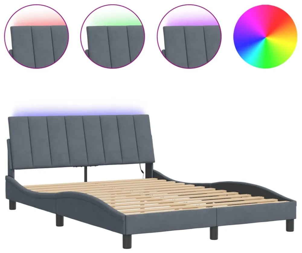 sötétszürke bársony ágykeret LED-ekkel matrac nélkül Hanko 140 x 190 cm