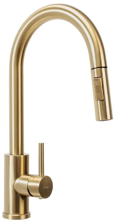 REA-B9148 - FRESH mosogató csaptelep kihúzható zuhanyfejjel, 39,5 cm, szálcsiszolt arany