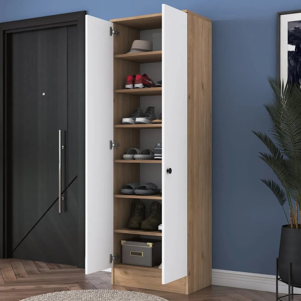 Fehér-natúr színű ruhásszekrény diófa dekorral 60x183 cm Theresa – Kalune Design