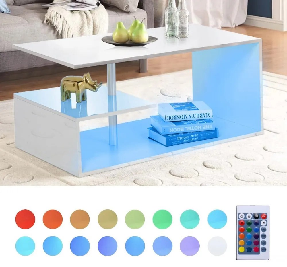 BigHome 100 cm-es dohányzóasztal, Beépített RGB LED Világítással - Fehér