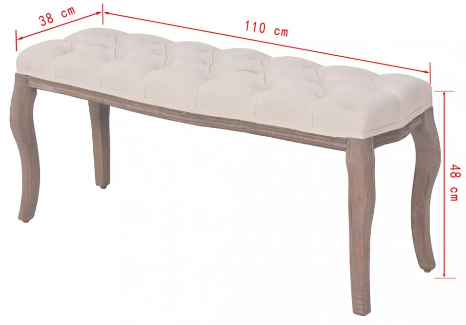 krémfehér, vászon és tömör fa pad 110 x 38 x 48 cm