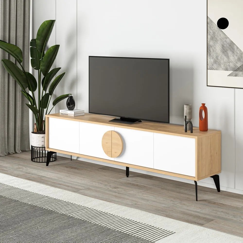 Fehér-natúr színű TV-állvány tölgyfa dekorral 180x51 cm Vae – Marckeric
