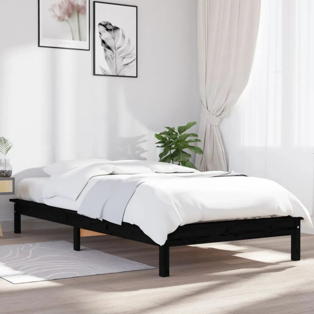 fekete tömör fenyőfa ágykeret 90 x 200 cm