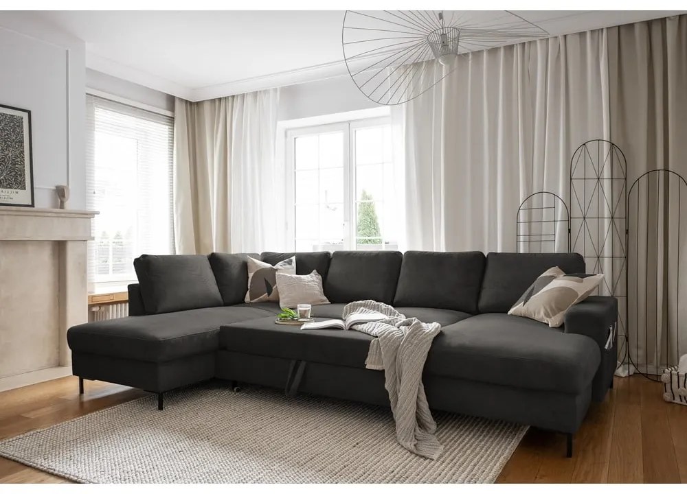 Sötétszürke kordbársony kinyitható sarokkanapé (bal oldali) Lofty Lilly – Miuform